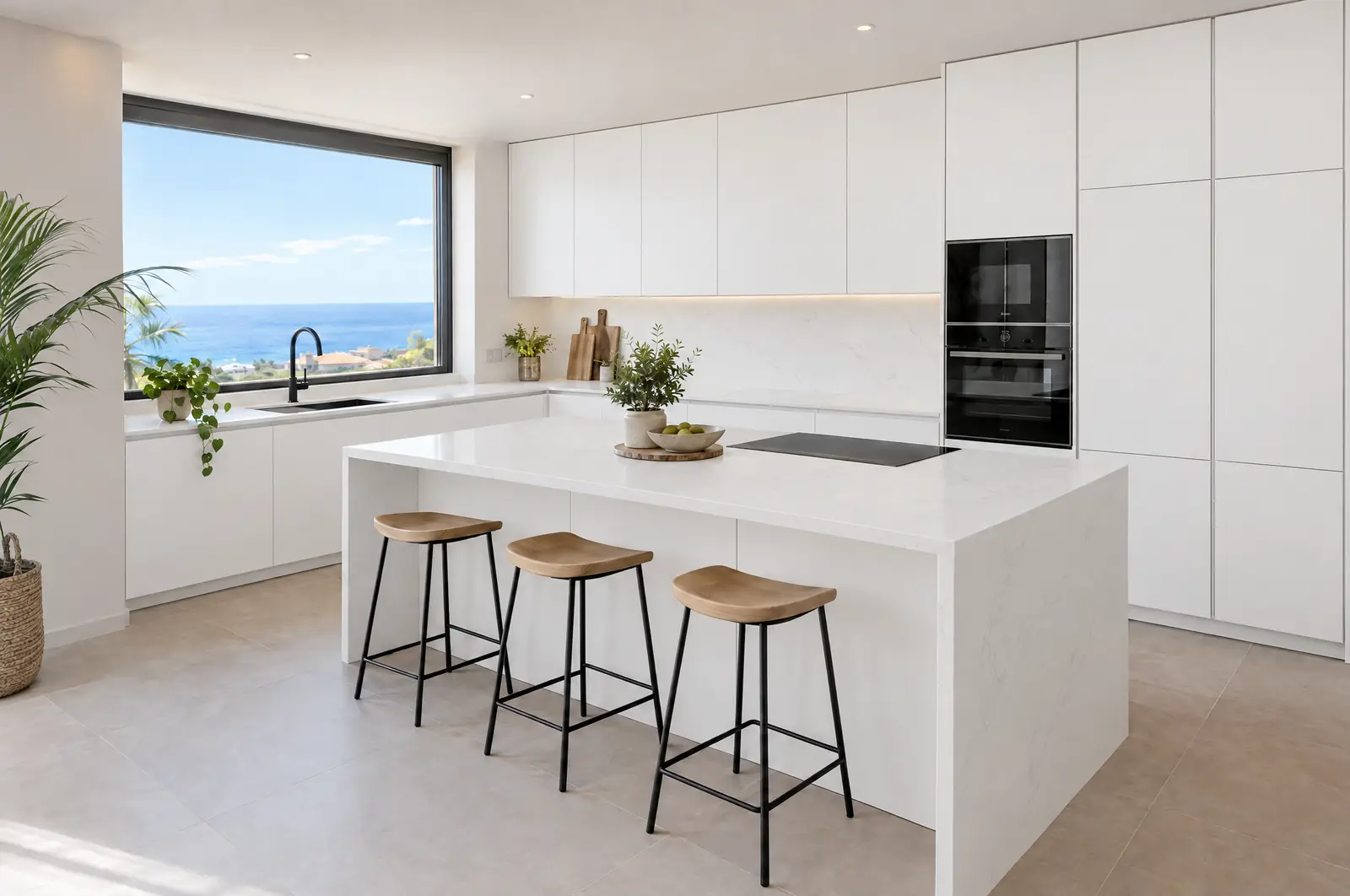 Cocina blanca en L con isla, muebles lisos blancos y encimera blanca a juego