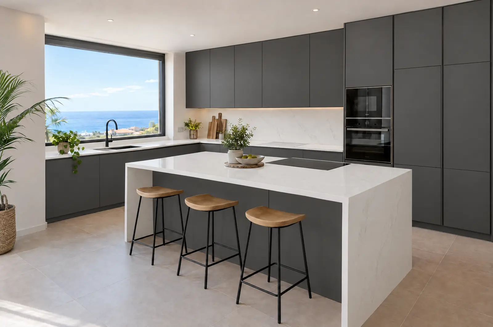 Cocina con muebles grafito y encimera blanca, con campana integrada sobre la placa de inducción