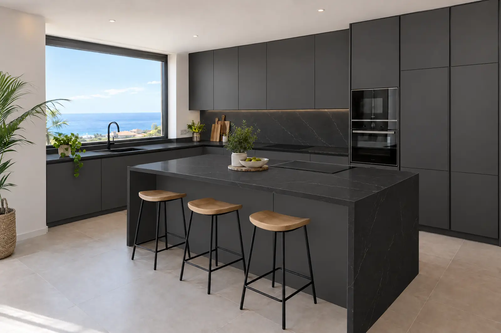Cocina con isla de encimera negra y muebles grafito, distribuida en L con la isla en el centro