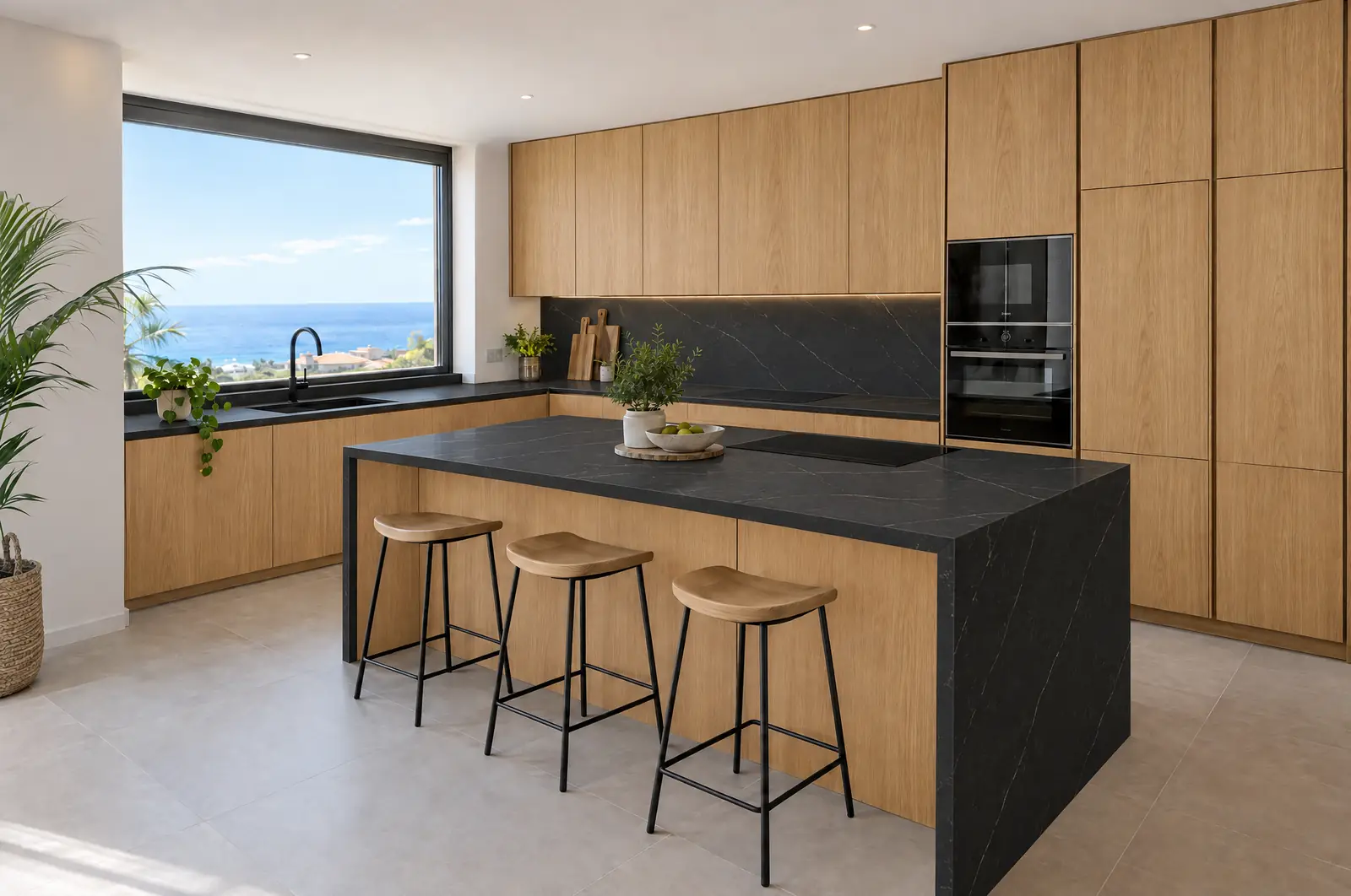 Cocina con isla, frentes de roble y encimera negra