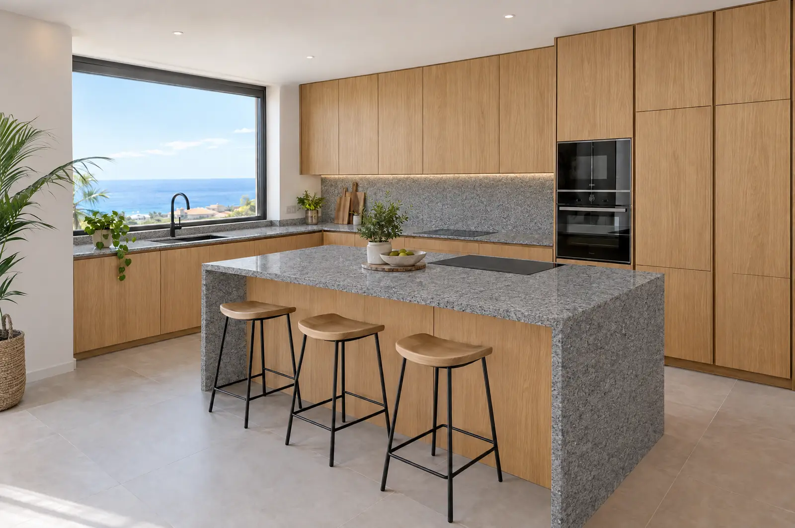Cocina en L con isla, frentes de roble y encimera de piedra gris