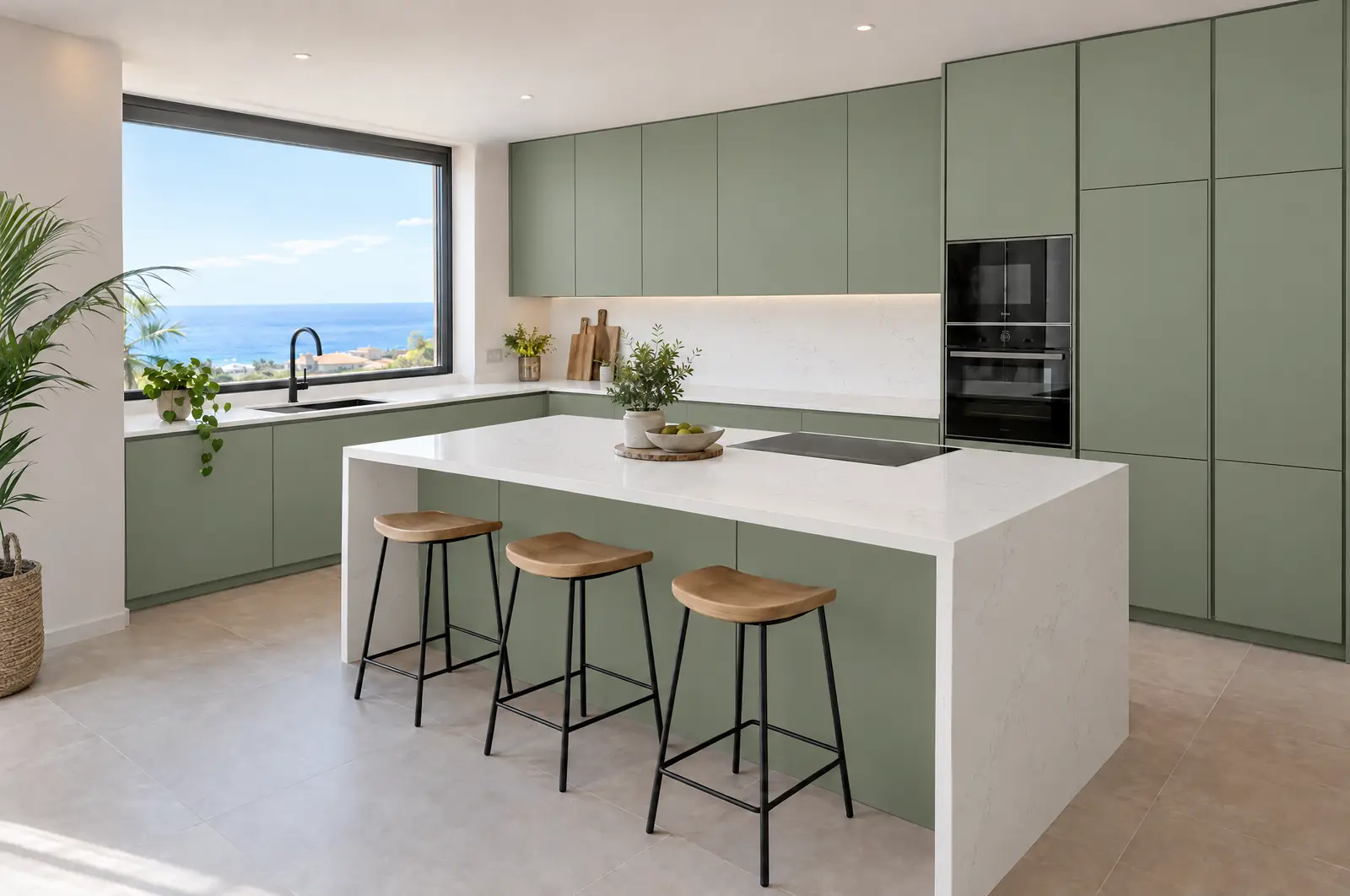 Cocina con isla en verde salvia y encimera blanca, una de las combinaciones del configurador