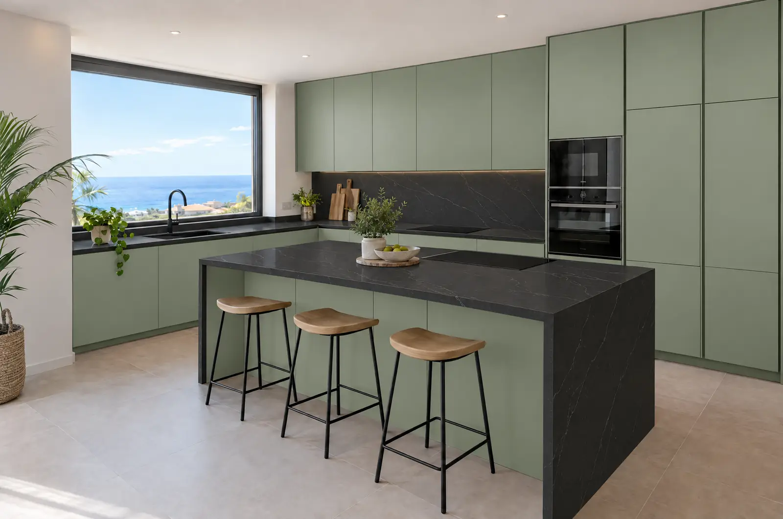Cocina con muebles verde salvia y encimera negra, en L con isla y luz natural lateral