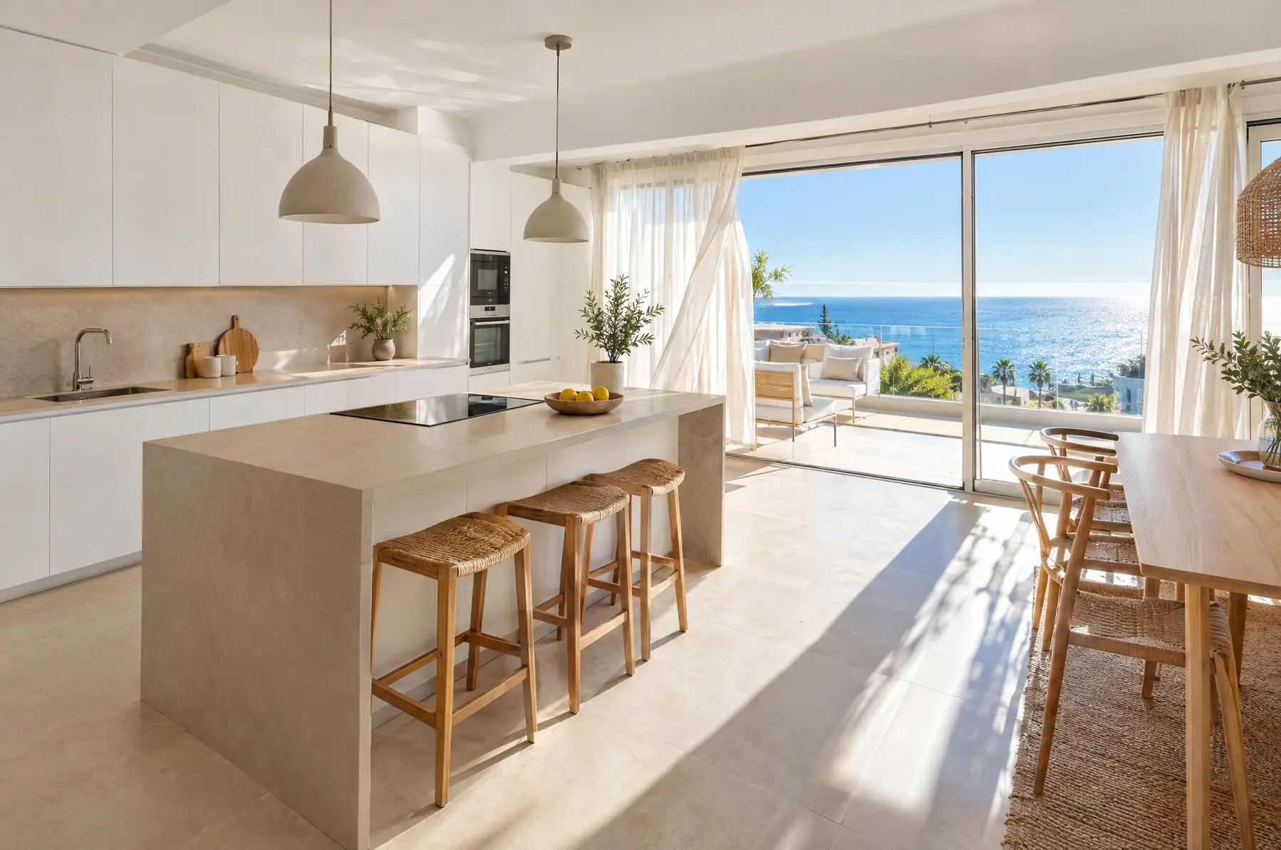Cocina luminosa en un apartamento del sur de Tenerife con balcón abierto al mar