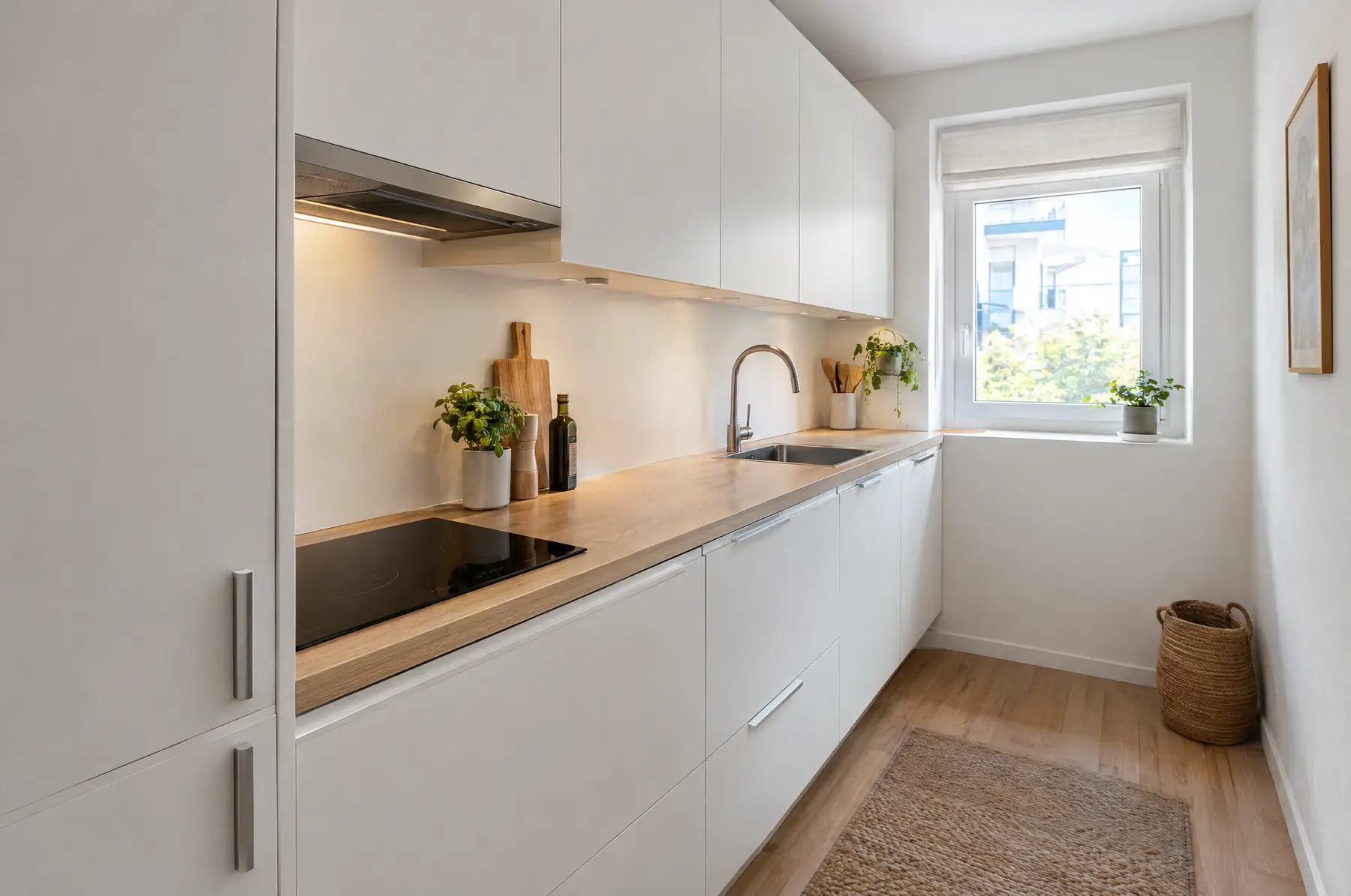 Cocina sencilla blanca con encimera laminada de roble en un piso pequeño