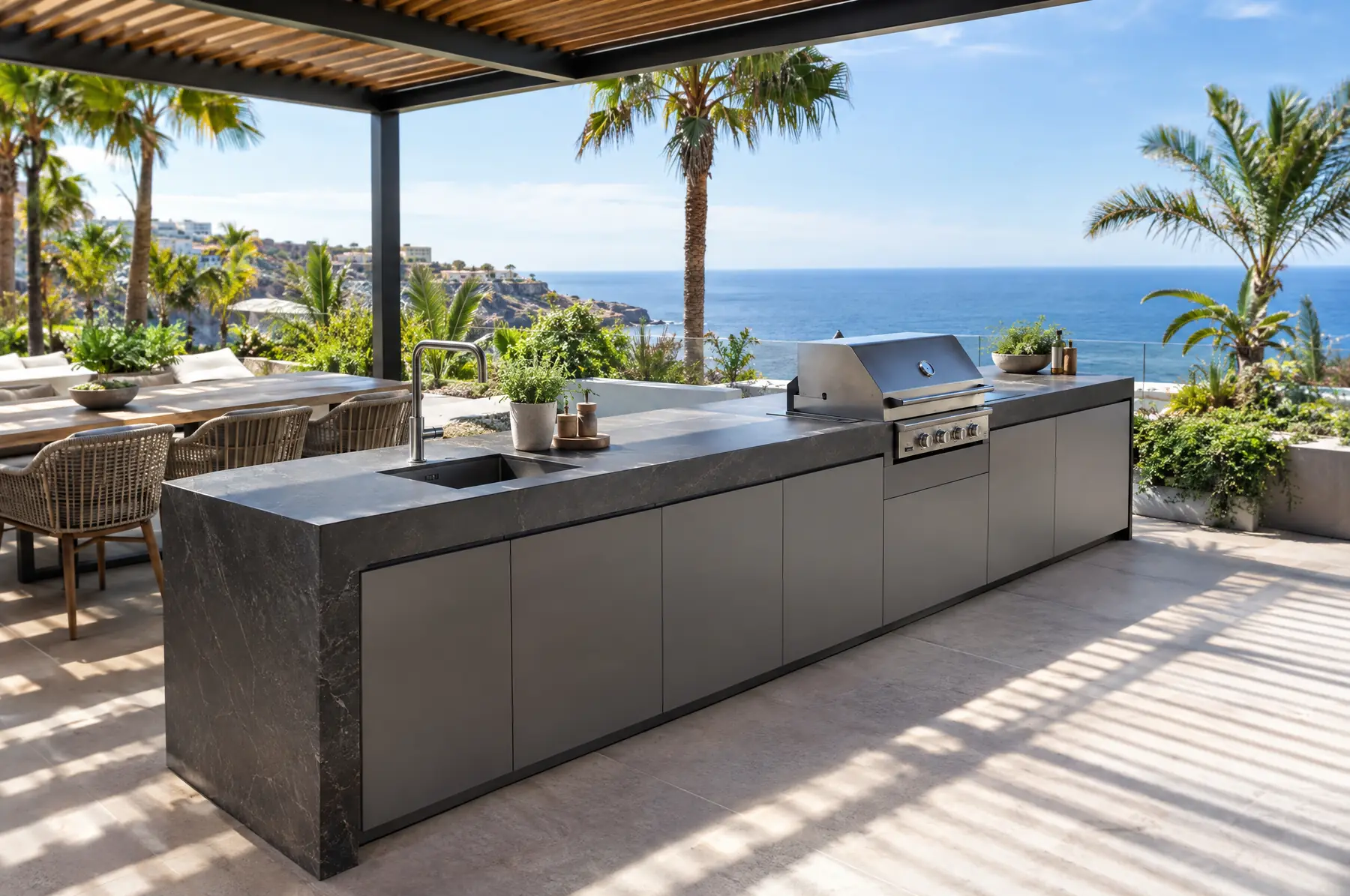 Cocina de exterior montada en una terraza con vistas al mar