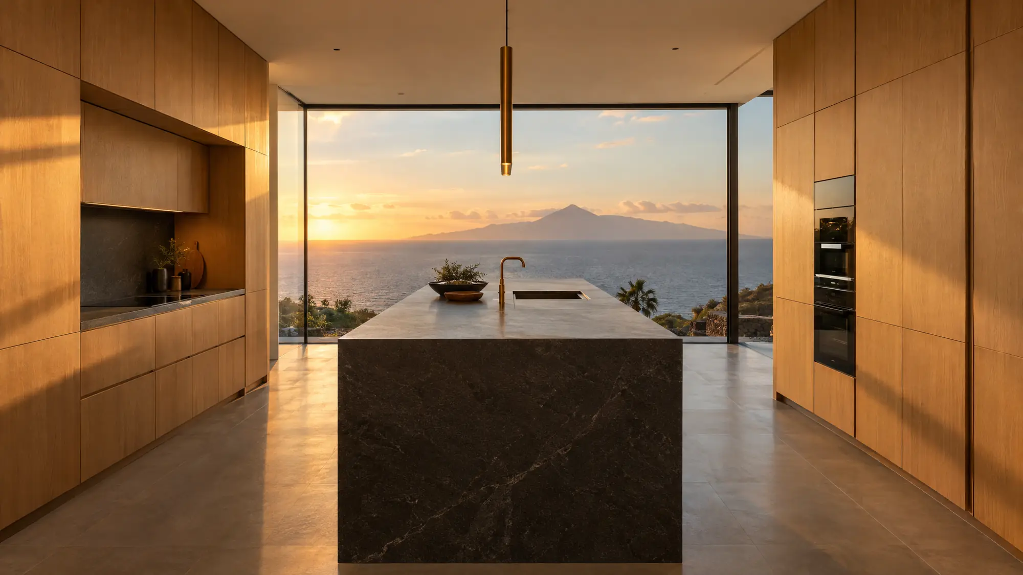 Cocina moderna con isla de piedra oscura y muebles de roble frente a un ventanal con vistas al Teide al atardecer