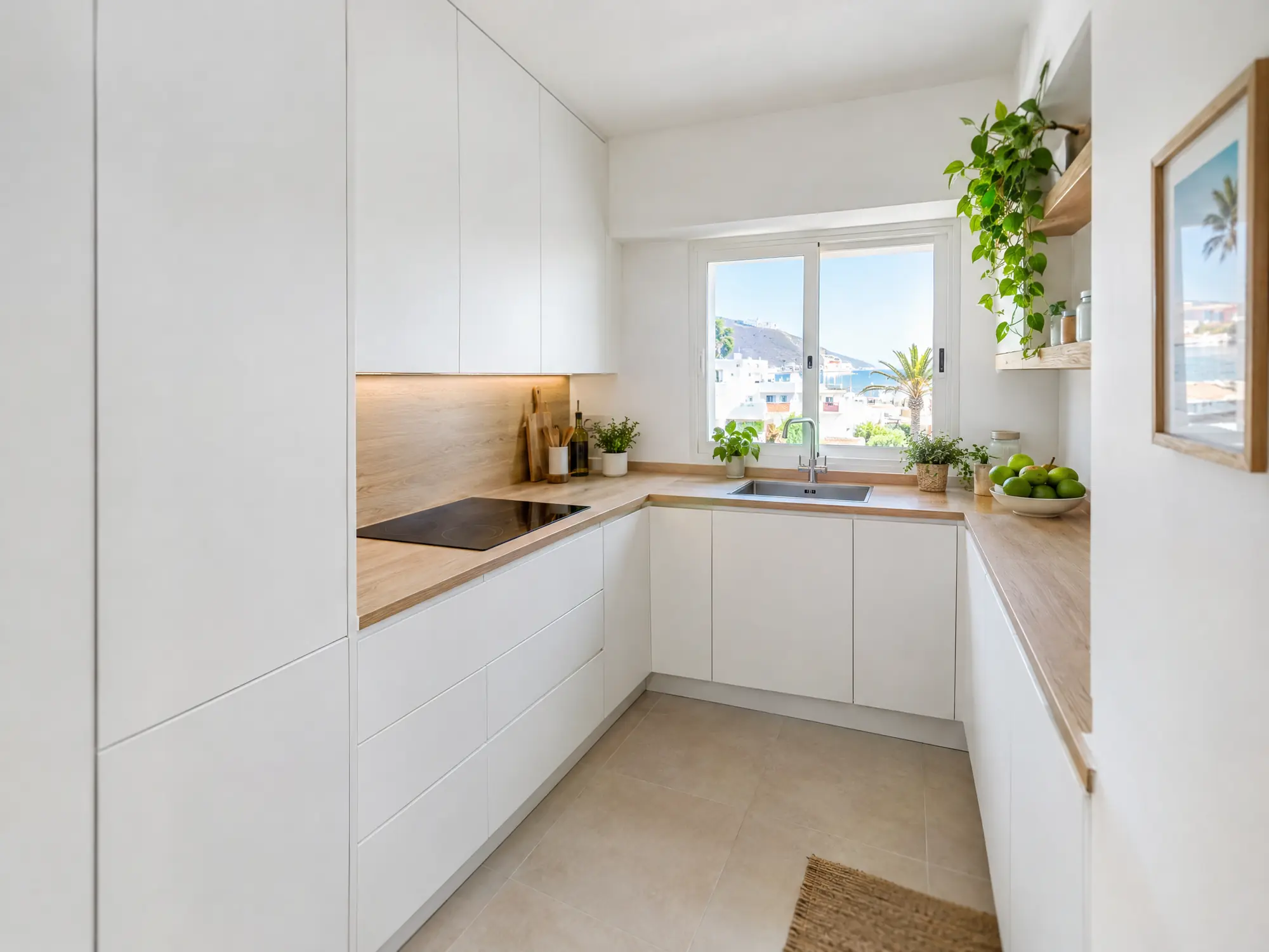 Cocina pequeña blanca en forma de U con encimera de madera y ventana a la ciudad
