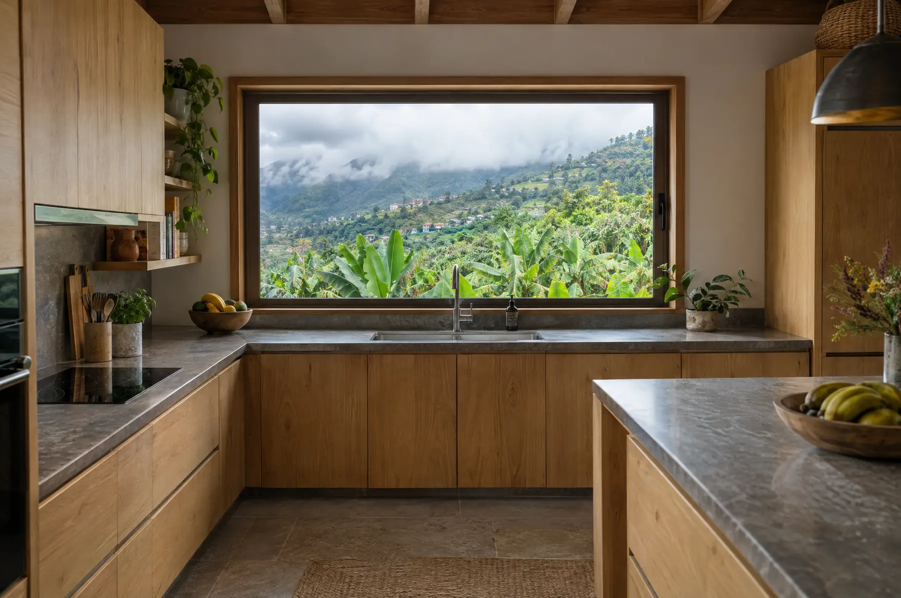 Cocina de roble con ventana abierta a un valle verde del norte de Tenerife