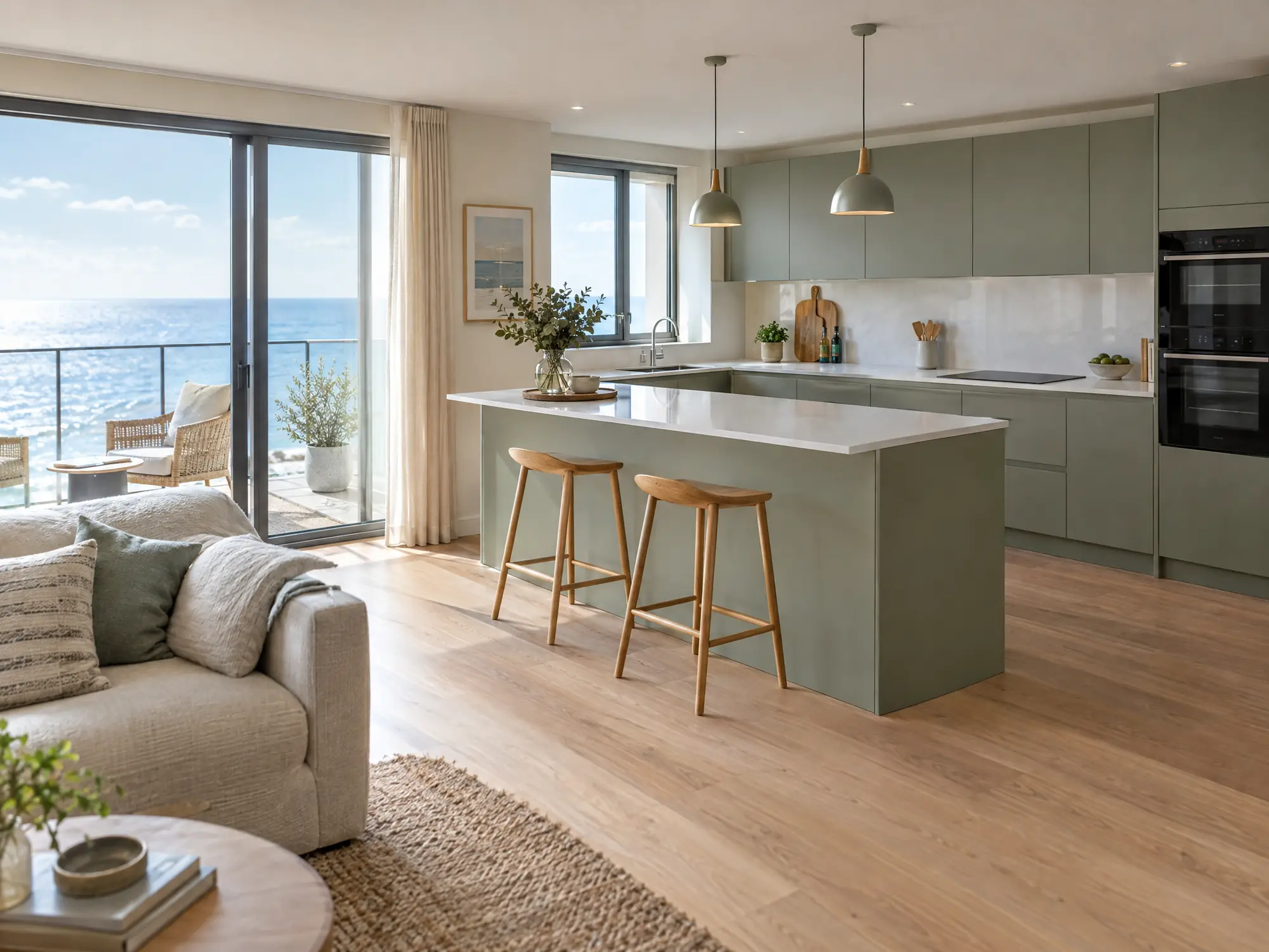 Cocina verde salvia abierta al salón con península blanca, taburetes de roble y vistas al mar