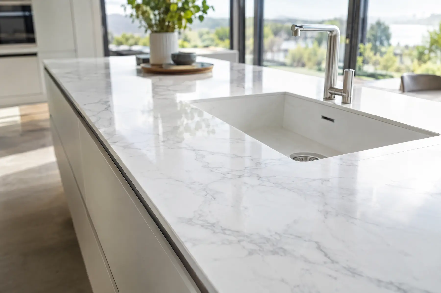 Encimera porcelánica efecto mármol blanco con veta gris