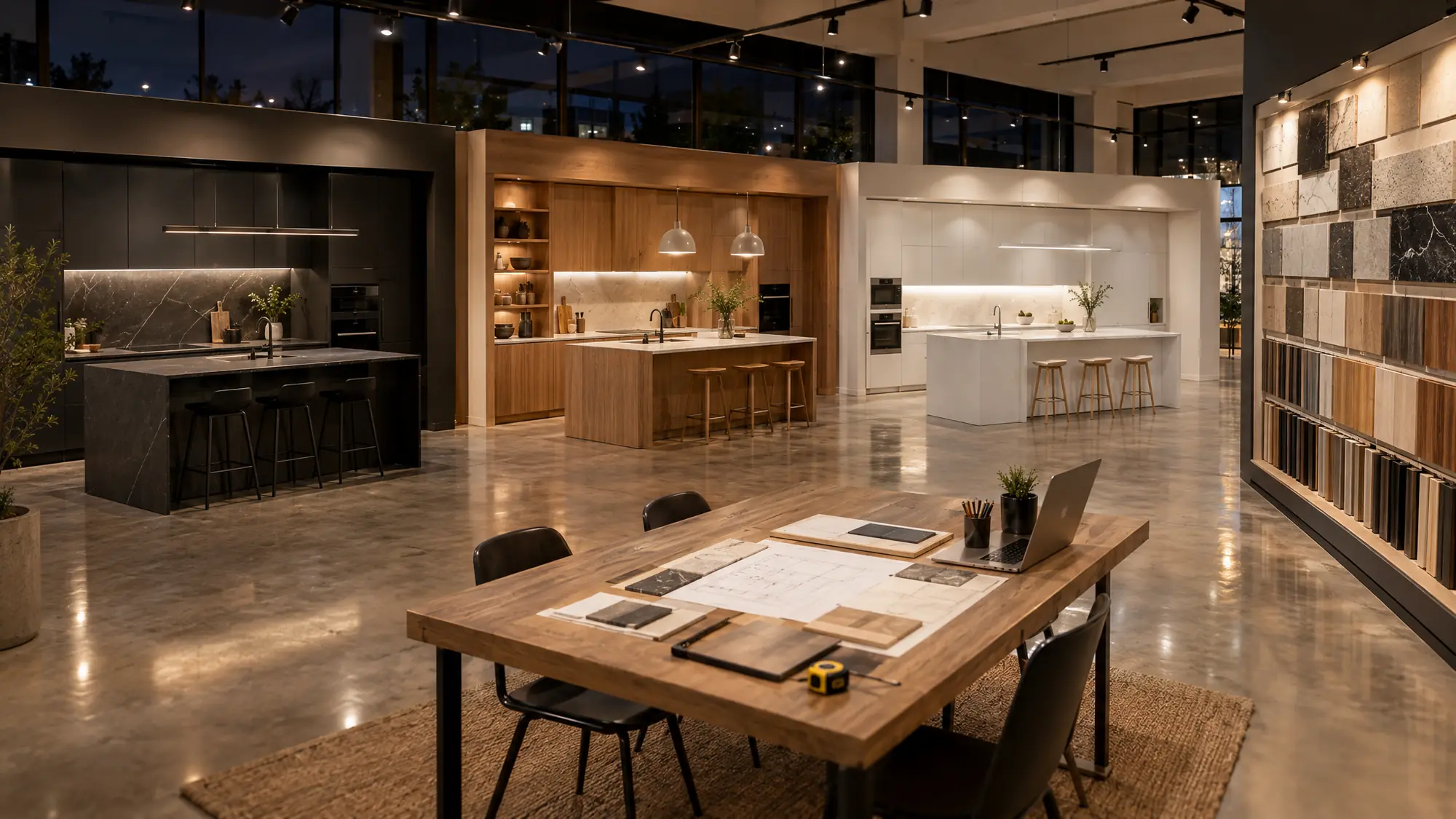 Exposición de cocinas con tres cocinas montadas, muestrario de encimeras y mesa de diseño