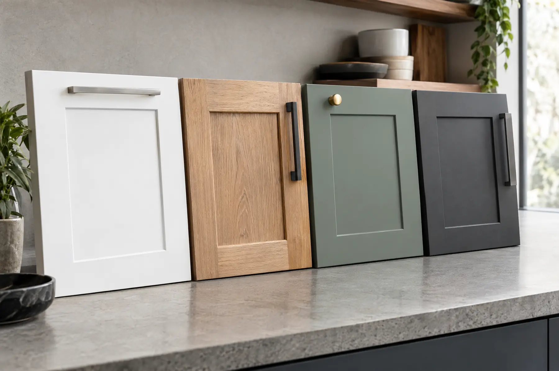 Muestras de puertas de cocina en distintos acabados y colores